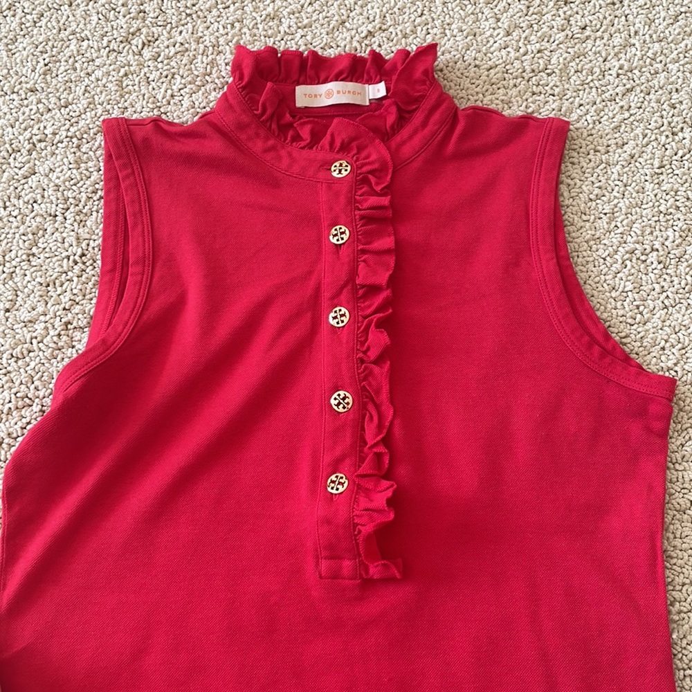 Red Tory Burch ruffle tank top button